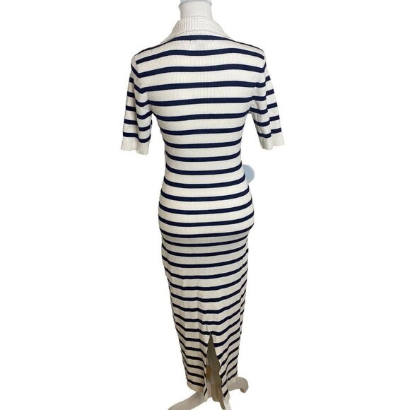 $695 CAROLINE CONSTAS Knit Stretch Midi Dress Striped White/Navy Bodycon L - Picture 6 of 11